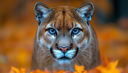 Cougar stares for autumn leaves, forest.