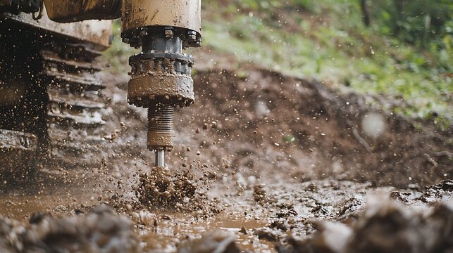 Heavy machinery drilling into muddy terrain