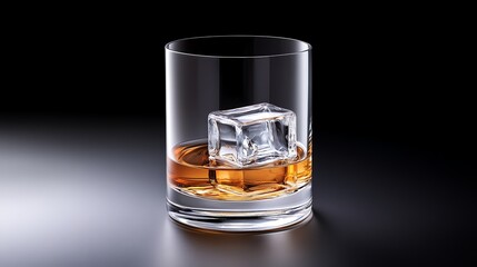 Whiskey Glass with Ice Cube on Dark Background for Advertising