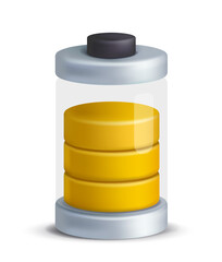 Obraz premium 3D Battery Icons. Sticker with yellow charge level indicator. Discharged power source with average energy percentage. Design for user interface. Realistic vector illustration in plasticine style
