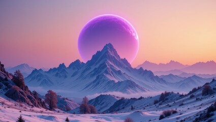 Majestic Snowy Mountain at Sunset with Large Purple Moon in a Fantastical Landscape