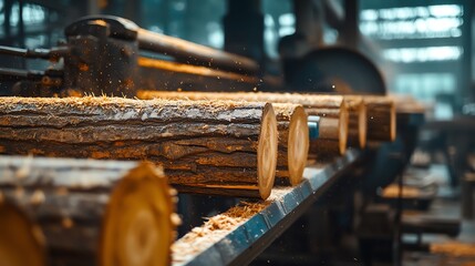 A modern sawmill with large wooden logs being processe