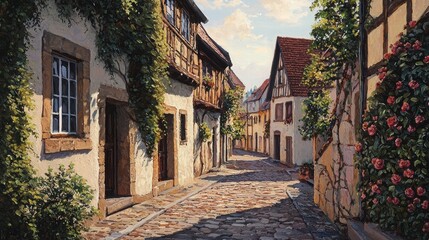 Charming Cobblestone Street in Quaint European Village Scene