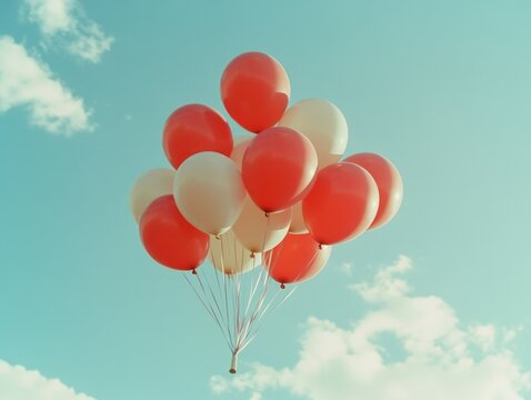 Striking image of a clear blue sky with several round, red balloons in flight. The balloons are grouped together and appear to be tethered by strings, floating above the clouds.