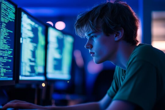 Focused young male software developer in green t shirt working at desk surrounded by monitors