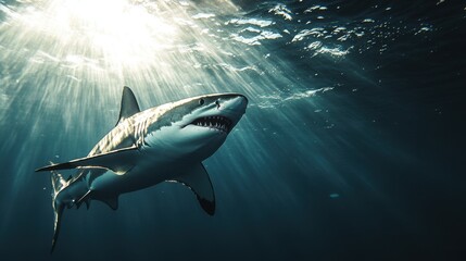 Majestic Great White Shark Swimming Through Sunlit Ocean Depths Captured in Stunning Underwater Photography