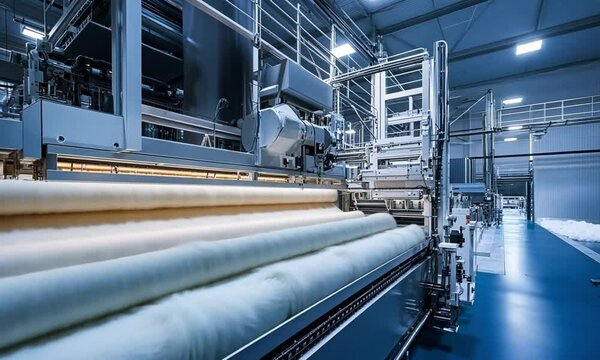 Industrial machinery processing raw wool fibers in a factory, creating a textile product.