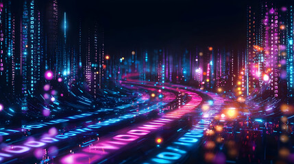 Obraz premium Illuminated Futuristic Cityscape With Data Streams Flowing Through Digital Highways In Pink And Blue