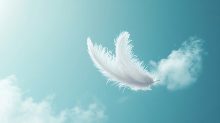 Ethereal White Feather Floating Gracefully Against a Soft Blue Sky with Gentle Clouds, Symbolizing Lightness and Serenity in Nature's Beauty