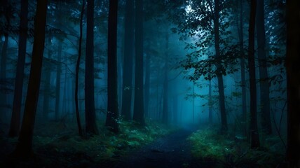 Naklejka premium Enchanting Night Forest Path Mysterious Foggy Woods Trail