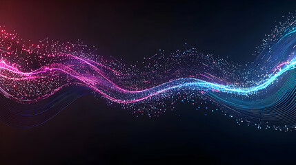 Dynamic Flowing Abstract Wave of Pink and Blue Particles on a Dark Background