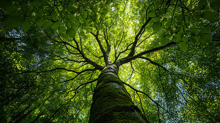 Fototapeta premium Low Angle View of a Majestic Lush Green Tree with Sunlight Streaming Through the Canopy in a Serene Forest Setting