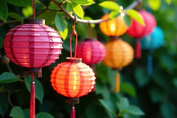 Fototapeta premium Multicolored paper lanterns cluster, green leaf background, illumination, holiday
