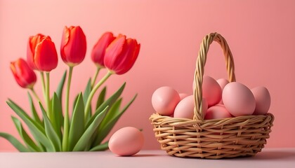 A stop-motion animation showcasing a wicker basket filled with assorted pink-toned Easter eggs. The eggs gently move and rotate within the basket, creating a lively dance. The basket is set against 