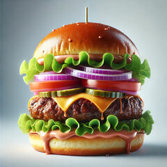 A mouthwatering gourmet burger. The burger features a toasted sesame seed bun, a thick and juicy beef patty, melted cheese, tomato, onion, salat