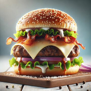 A mouthwatering gourmet burger. The burger features a toasted sesame seed bun, a thick and juicy beef patty, melted cheese, bacon, onion, salat