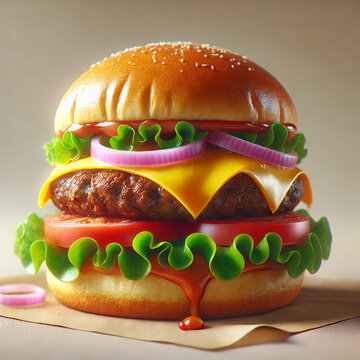 A mouthwatering gourmet burger. The burger features a toasted sesame seed bun, a thick and juicy beef patty, melted cheese, tomato, onion, salat