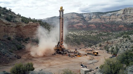Large drilling rig operates in a mountainous terrain.  Dust clouds billow from the drill site.  Personnel are present near the machinery