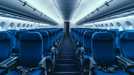 Fototapeta premium Modern Airplane Cabin Interior With Empty Blue Seats And Illuminated Aisle In Dim Lighting Perfect Symmetry