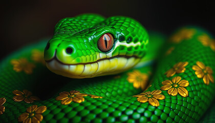 Fototapeta premium Bright Green Snake With Golden Floral Patterns Basking in Soft Light