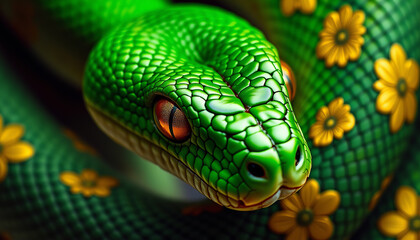 Fototapeta premium Bright Green Snake With Golden Floral Patterns Basking in Soft Light