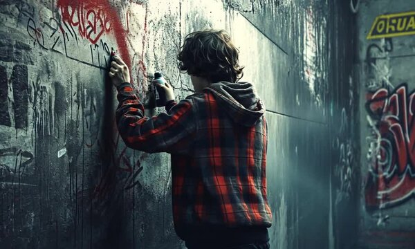 A young person in a plaid shirt writing graffiti art on a weathered, textured wall.