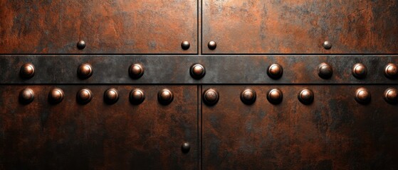 Fototapeta premium Rusted Metal Plate with Rivets, Industrial Texture Background Closeup of weathered copper and iron surface with bolts Concept of grunge, steampunk, and vintage design