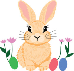 Adorable Easter Bunny holding a decorated egg, surrounded by spring flowers and festive elements. Perfect for holiday cards, decorations, and seasonal designs. Cute and cheerful illustration for Easte