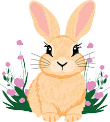Adorable Easter Bunny holding a decorated egg, surrounded by spring flowers and festive elements. Perfect for holiday cards, decorations, and seasonal designs. Cute and cheerful illustration for Easte