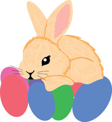 Adorable Easter Bunny holding a decorated egg, surrounded by spring flowers and festive elements. Perfect for holiday cards, decorations, and seasonal designs. Cute and cheerful illustration for Easte