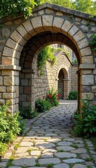 Rustic stone wall, cobblestone path background, masonry, ancient