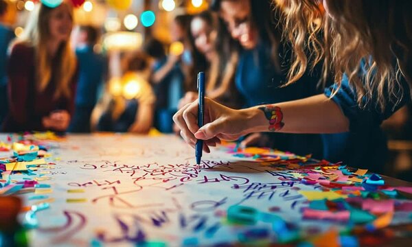A person with a tattoo signing a paper, in a celebration with others.