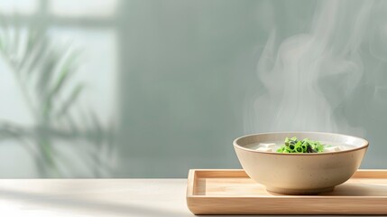 Steaming Bowl of Miso Soup With Seaweed Tofu and Scallions on Japanese Style Wooden Tray