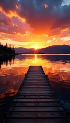 Obraz premium Serene sunset over Flathead Lake, wooden dock , photography, fall, wooden dock