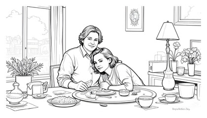 Elderly mother and daughter together, heartwarming scene, Mother's Day illustration, black and white, copy space