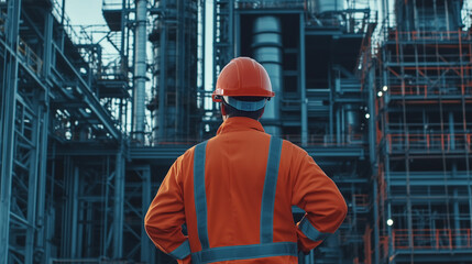 Industrial worker in orange uniform observing factory