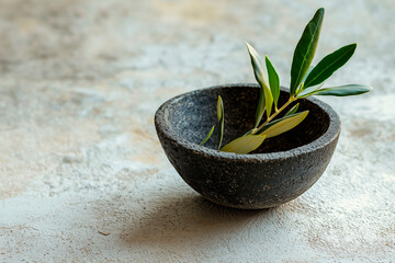 Ash bowl with olive sprig on a concrete surface. Lenten theme. Easter week