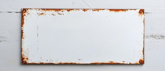 Blank white metal sign with rusty edges on a textured white wall Concept of vintage, grunge, and weathered surface for graphic design