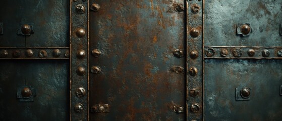 Fototapeta premium Distressed metal panel with rivets and rust, showcasing aged industrial texture and weathered steampunk background