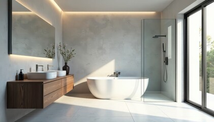 Sleek minimalist bathroom with rainfall shower, floating vanity , luxury, vanity