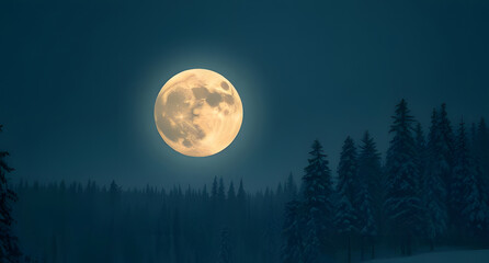 A giant full moon glowing over a snowy forest. Stillness, wonder, and a hint of magic