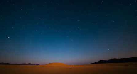 A sky full of shooting stars over a quiet desert. Peaceful, awe-inspiring, and infinite