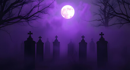 A thick purple mist swirls through a moonlit graveyard, setting the eerie and magical tone of Halloween