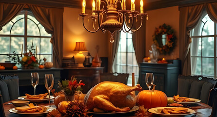 A Thanksgiving feast glows under the warm light of a chandelier, with golden turkey and festive autumn decor