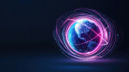 Obraz premium Abstract Digital World Globe Depicting Global Technology Connections in Blue and Pink