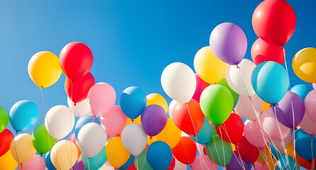 Balloons in every color rising against a bright blue sky. Joy, birthdays, and laughter