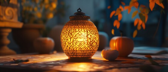 Obraz premium Warm glowing lantern with pumpkins and autumn leaves on a table, creating a cozy and festive fall atmosphere for Thanksgiving or Halloween