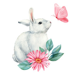 little white rabbit with pink gerbera, green leaves and butterflies watercolor illustration isolated on white background
