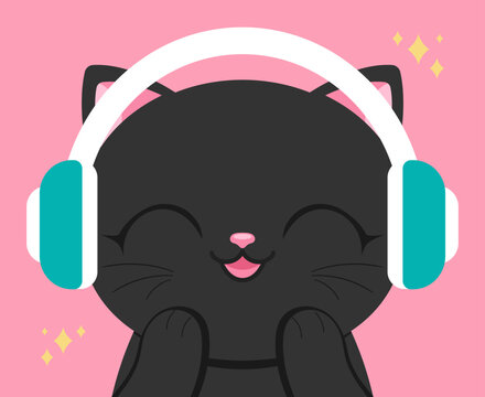 recommend clip art: Cute anime cat in headphones. Cheerful cat listening to music with closed eyes. Vector illustration
