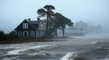 houses and trees blowing in the winds, catastrophic hurricane